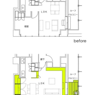 図面／グリーン部分が改修場所。キッチン周辺の調整によって、壁の撤去だけよりも空間を効果的に使えるようになったのがわかる