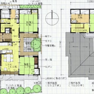 図面／中庭を囲むコの字型の造り。必要なスペースがすっきりと効率的に配置され、生活空間である1階のどこにいても中庭を眺めることができる