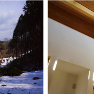 写真左：伐採を体験した山林の景色。右：上部棟木は太鼓落シ。2本の通し柱によって支えられる