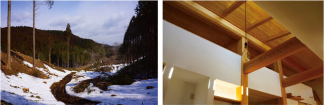 写真左：伐採を体験した山林の景色。右：上部棟木は太鼓落シ。2本の通し柱によって支えられる