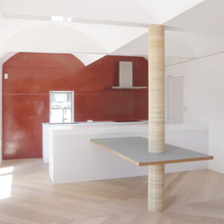 柱は造作のダイニングテーブルと一体化してインテリアのアクセントに。テーブル天板は自然素材のリノリウム