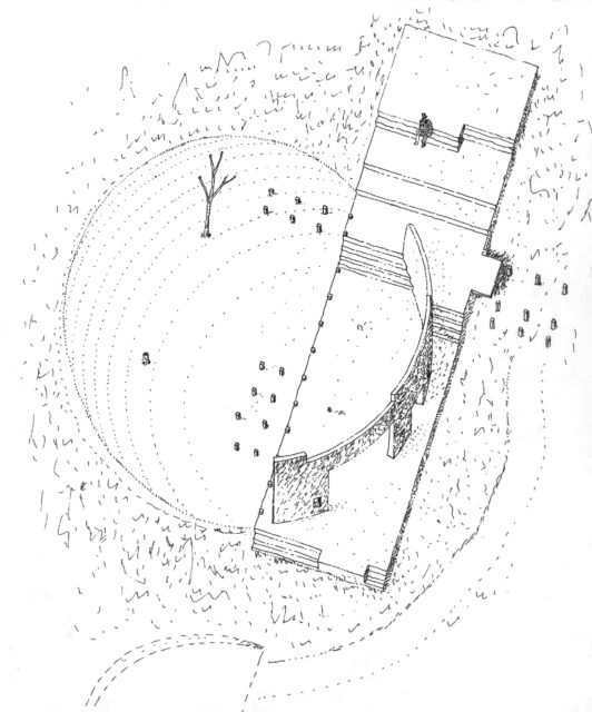 伊藤さんが設計の初期段階に描いたスケッチ。庭と住空間を内包する大きな円弧のイメージがよくわかる