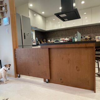 廣瀬さんは設計時に犬の立ち入り禁止ゾーンを決める。キッチンも立ち入り禁止なのでカウンターの側面に引き戸を付け、両側から鍵をかけられる両面サムターン鍵を設置。これで、引き戸を開けられる賢い犬もキッチン内に入ってこない