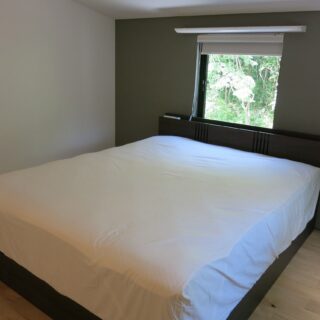 シンプルで落ち着きのある寝室。グリーンのアクセントウォールと窓先の緑のマッチングが心地よい