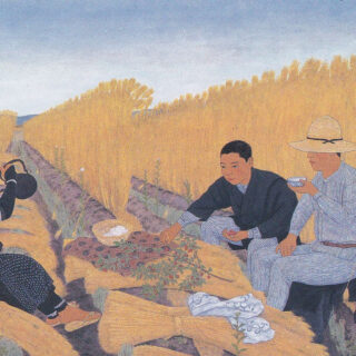 栗東の人々の、かつての暮らしを物語る絵画。農作業の合間に畝に腰かけてお茶を飲み、休憩する姿が描かれている。北村さんはこの原風景に着想を得て、「家族や友人が横並びで座ってくつろげる、長いベンチのあるLDK」をプランニングした
※引用画像：『春秋』西田恵泉画「民誌・綣の歴史と文化」綣の歴史と文化編集委員会編集