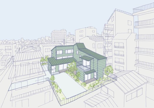 共同設計者のヤマダアトリエ・山田さんが描いた「谷の家」のスケッチ。敷地は西側（画像左）の細い路地から入る旗竿地。南北西には戸建て住宅があり、用途地域の境界を挟んだ東側（画像右）には高さのあるマンションが複数棟立っている
