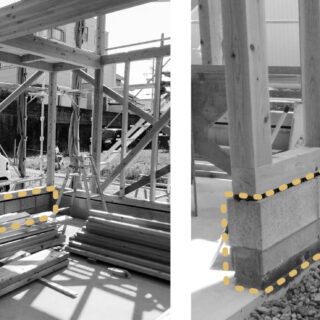 黄色の点線部分は壊しやすいブロック基礎を採用。どこに設ければより改修の幅が広がるかの検討を重ねて位置を決定した