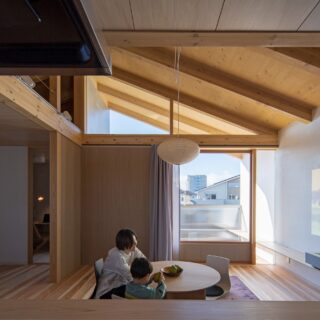 現しの屋根と室内から伸びるカウンターによって、その先の広い空へと視線が抜けていく。壁を磨き漆喰仕上げの壁の仕上がりをみたSさんは、テレビを壁掛けにせず、プロジェクターで投影することにし壁の連続性を活かすことにしたという。