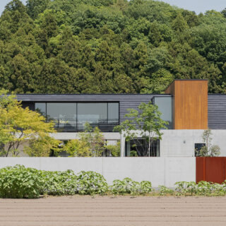 南西から見た外観。2階の大きな開口はリビング。間に庭を挟み、道路との距離を取ることでプライバシーを守っている。庭に植えられた木々も成長するにつれ目隠しになるだろう。建物右側に見える木材のボリュームは、屋上に突き出た部分で室外機を隠している