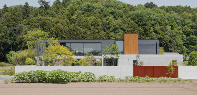 南西から見た外観。2階の大きな開口はリビング。間に庭を挟み、道路との距離を取ることでプライバシーを守っている。庭に植えられた木々も成長するにつれ目隠しになるだろう。建物右側に見える木材のボリュームは、屋上に突き出た部分で室外機を隠している