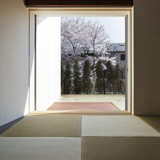 和室の先にはデッキ、さらには水盆があり、その奥には桜が見える。窓が額縁となり、桜の時期はまるで絵画が飾られているかのような空間。建具の枠は全て見えないようにするなど、デザイン性を高める細やかな気配りも。
