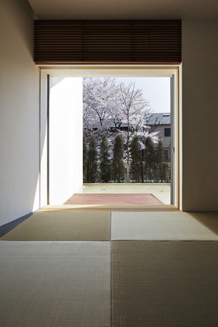 和室の先にはデッキ、さらには水盆があり、その奥には桜が見える。窓が額縁となり、桜の時期はまるで絵画が飾られているかのような空間。建具の枠は全て見えないようにするなど、デザイン性を高める細やかな気配りも。
