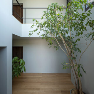 玄関。吹き抜け２階部分は２面の全面大開口とした。左の仕切りはシューズインクローゼットに続く