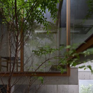 中庭から見た親世帯の通路。スキップフロアの段差で生まれた立体的なデザインも、この家の魅力の1つ