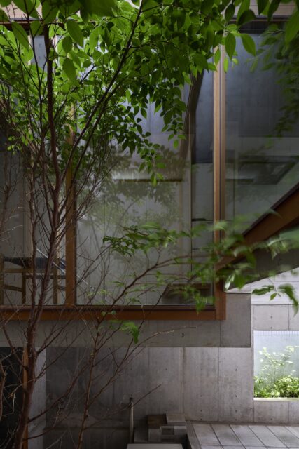 中庭から見た親世帯の通路。スキップフロアの段差で生まれた立体的なデザインも、この家の魅力の1つ