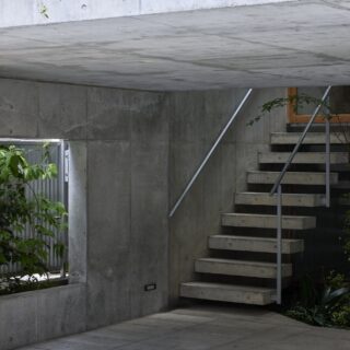 駐車場はコンクリート壁で覆っているが、大きな開口部のおかげで暗さや圧迫感がない。隣地との境界は、わずか20cm程度のスペースも植栽に活用して緑を楽しめるようにしている。駐車場の奥には吹抜けの中庭（写真右）があり、中庭内の外階段をのぼったところが1階親世帯の玄関