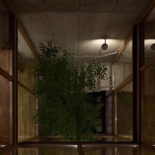 屋上庭園から中庭を見下ろす。ガラス×木製窓枠で囲まれた吹抜けは繊細なガラスの井戸のよう。レトロモダンな風情あふれる美しい光景