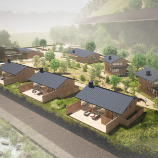 完成予想図。周りの山々は杉などの針葉樹が多いため、敷地内に植えた木は雰囲気の異なる広葉樹、さらに落葉しない常緑樹を選んだ。木々が成長してくれば、こんなにもさらに緑豊かな空間になる
