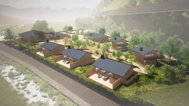 完成予想図。周りの山々は杉などの針葉樹が多いため、敷地内に植えた木は雰囲気の異なる広葉樹、さらに落葉しない常緑樹を選んだ。木々が成長してくれば、こんなにもさらに緑豊かな空間になる
