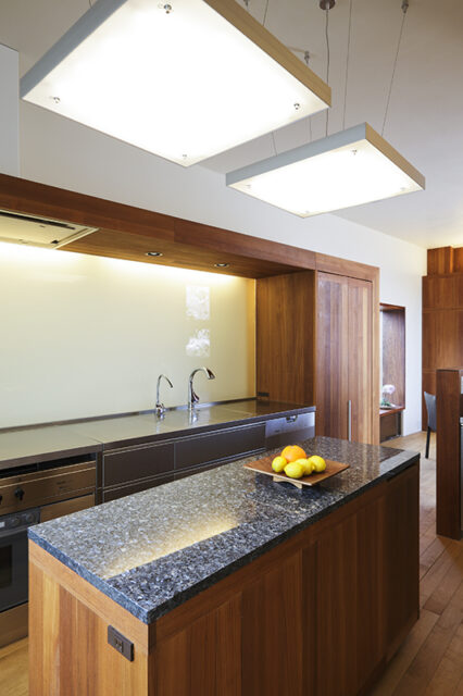 キッチンは回遊できるアイランド型。天板はステンレスのバイブレーション仕上げ。壁パネルは強化ガラスを使うことで清潔感と掃除のしやすさを求めた。
