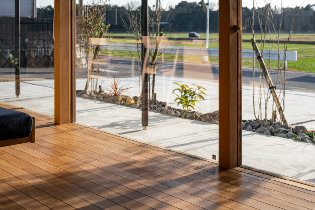 西日対策で植えられた植栽。冬以外の時期には葉が茂り、強い日差しを遮ってくれる。柔らかな樹木の影が作り出す陰影も美しい。西側のほぼすべてを開口部としたため、窓は特注で幅広の木製サッシを採用した