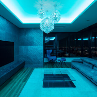 光天井の照明は気分やシーンに応じて色を変えられる。友人を招いてワイワイやりたいときは明るい色、落ち着いたバーのような演出をしたいときは暗めの色、と空間の表情を自在にコントロールできる。