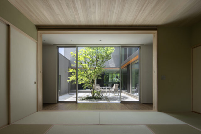 和室から望む中庭。窓枠を額縁に見立てたその光景は、まるで季節の移ろいを描いた一幅の絵画のよう。