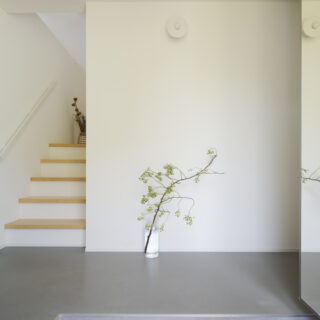 玄関。1階の天井を下げ階段の段数を少なく、蹴上を緩やかに。リビングの大開口からの光が静かに落ちてくる
