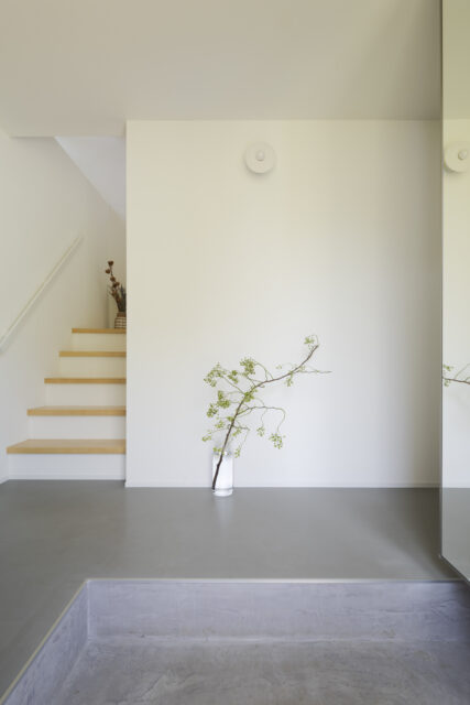 玄関。1階の天井を下げ階段の段数を少なく、蹴上を緩やかに。リビングの大開口からの光が静かに落ちてくる
