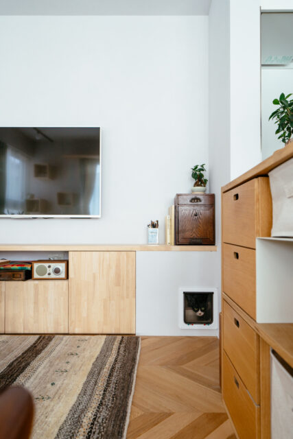 猫のトイレドアは、リビングのテレビ台の下に設置。猫専用通路で行き来できるという原﨑さんの工夫だ。